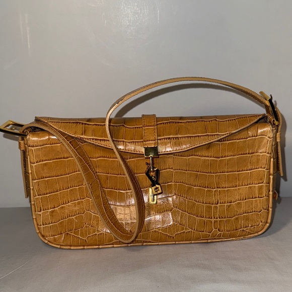 Puntotres Handbags - Puntotres Elegant Tan Crocodile Embossed Genuine Leather Shoulder Bag